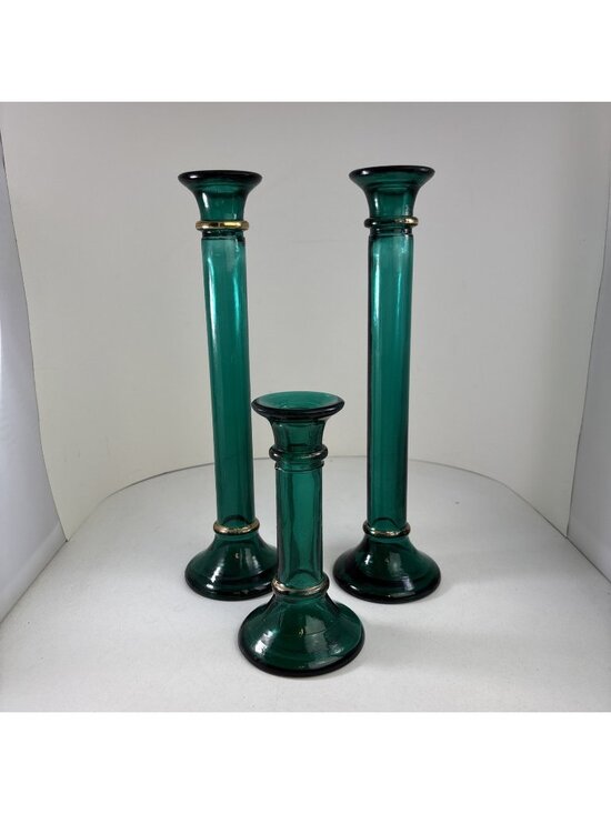 Pier 1 Other - Pier 1 Green Glass Candlesticks Set Of 3 taper Holders made in Spain 11” & 6”